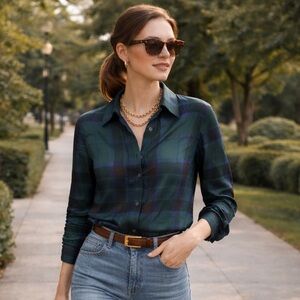 Vintage Linda Allard Ellen Tracy 100% Silk Plaid Button Down Blouse Size 10